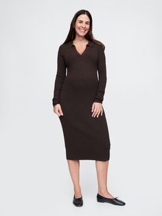 Supersoft cotton-blend, ribbed-knit maternity midi sweater dress.  Polo collar with V-neck.  Long sleeves.  Please note: Maternity styles cannot be returned in store.  Please enjoy free returns by mail.  Fit: Slim.  A fitted silhouette that fits close to the body.  Hits below the knee.  Choose your maternity Gap Maternity, Brand Collaboration, Sweater Dress Midi, Polo Collar, Maternity Fashion, Ribbed Knit, Sweater Dress, Cashmere, Cotton Blend