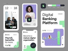 several mobile app screens displaying different types of banking platforms and their user personas, with text reading'digital banking platform'above them