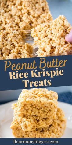 peanut butter rice krispie treats are stacked on top of each other with the words, peanut butter rice krispies treats