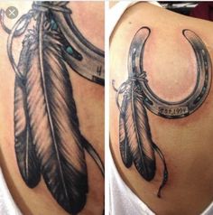 two pictures of a woman's back with an arrow and feather tattoo on it