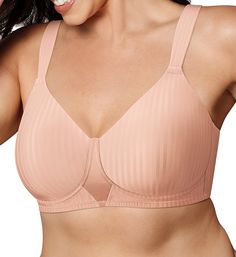 This full-support, full coverage contour bra features handsome shadow stripes on cups, sides and back. Sleek, seamless cups taper at the neckline. Seamless, wireless contour cups shape and support the breasts with all-over, semi-firm, light foam padding. Tall, wide, sturdy center panel is backed with simplex for strength. Tall sides and back help smooth your back. Elastic along edges of 2-ply sides and back. Cushioned, cotton-lined Stop the Slip straps stay on your shoulders. Center-pull, wide, Playtex Bras, Bra Hooks, Floral Bra, Printed Bras, Nude Bra, Soft Cup Bra, Perfect Bra, Comfortable Bras, Full Coverage Bra