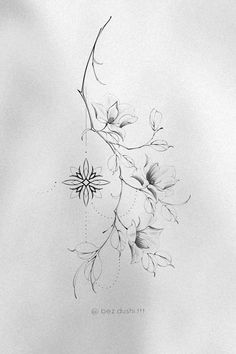 a black and white drawing of flowers on paper