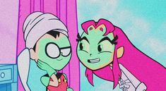 an animated image of two people with pink hair and green eyes looking at each other