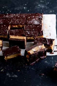 pieces of chocolate and peanut butter fudge cake