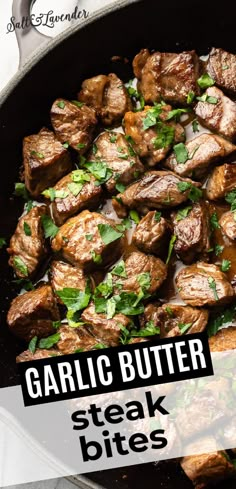 garlic butter steak bites in a skillet