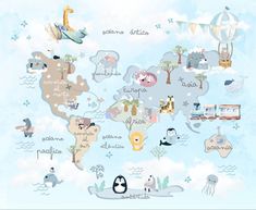 an illustrated map of the world with animals and other things on it's surface