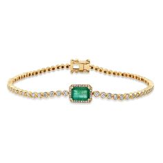 Emerald with Diamond Halo & Diamond Tennis Bracelet – Milestones by Ashleigh Bergman Halo Bracelet, Fine Gold Jewelry, Emerald Bracelet, Emerald Engagement Ring Cut, Diamond Tennis Bracelet, Bezel Set Diamond, Gold Diamond Jewelry, Tennis Bracelet Diamond, Emerald Jewelry