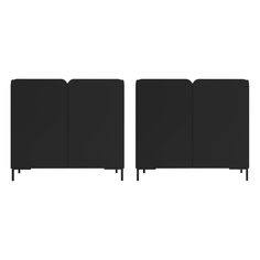 two black cabinets sitting next to each other on a white background, one is closed and the other has no doors