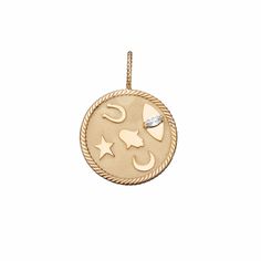 Bring on all the luck and positive energies you could ask for with this single charm. It’s inscribed with well-wishing symbols, from a horseshoe to evil eye. Its round frame looks striking when paired with other geometric charms. - Gold vermeil; sterling silver - Approximately 4.87 grams- 1" width- White sapphires- 9mm bail Gold Piece, Round Frame, White Sapphire, Gold Plated Silver, Gold Plated Sterling Silver, Pure Silver, Evil Eye, Gold Vermeil, Precious Metals