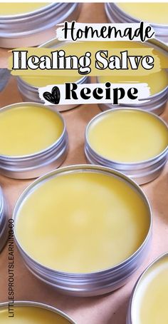 homemade healing salve in pots on a board Healing Salve Recipe Diy, Homemade Healing Salve, Healing Salve Recipe, Sugar Wax Recipe, Healing Salve, Salve Recipes, Herbal Salves, Making Essential Oils, Healing Salves