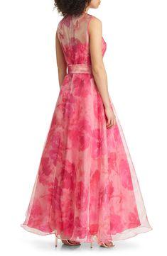 Eliza J Floral Illusion Neck Organza Ballgown | Nordstrom Eliza J, Jewel Neck, Fabric Gifts, Free Fabric, Mother Of The Bride Dresses, A Romantic, Bride Dress, Waist Tie, Ball Gowns