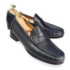 PENNY LOAFERS IN NAVY RUSTICALF Classic Navy Sneakers With Leather Sole, Classic Navy Plain Toe Sneakers, Navy Slip-on Loafers With Leather Sole, Navy Loafers With Leather Sole And Round Toe, Navy Leather Sole Loafers With Round Toe, Classic Navy Slip-on Sneakers, Navy Slip-on Loafers With Stitched Sole, Navy Leather Loafers With Textured Sole, Navy Leather Slip-on Shoes With Leather Sole