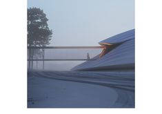 an image of a building in the snow with fog coming off it's sides