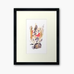 an abstract painting with red and yellow colors framed art print on white wall mounted in black frame