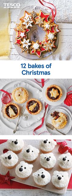 christmas desserts and pastries are displayed on plates