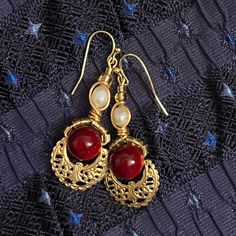 Alki Studio Red Vintage Earrings, Red Brass Wire Wrapped Jewelry, Red Wire Wrapped Brass Jewelry, Handmade Red Pearl Earrings, Handmade Red Round Pearl Earrings, Red And Gold Jewelry, Medieval Core, Medieval Earrings, Solder Jewelry