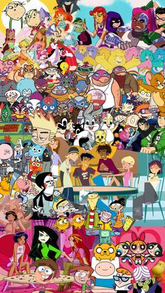 many different cartoon characters are grouped together