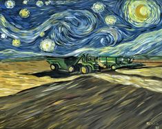 a green truck driving down a dirt road under a night sky with stars and clouds