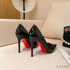 Lasaky - Sophisticated Red-Sole High Heels Perfect for a Night Out on the Town Sleek Red Open Toe Heels, Evening Heels With Red Sole And Closed Toe, High Heel Shoes With Red Sole For Office, High Heel Red Sole Office Heels, High Heel Office Shoes With Red Sole, Sleek Red Heels For Evening, Red Sleek Heels For Evening, Sleek Party Heels With Red Sole, Almond Toe Heels With Red Sole For Night Out