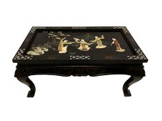 ORIENTAL CHINESE TEA/COFFEE TABLE Dancing geishas garden scene, black lacquered, floral painted and mother of pearl inlaid with glass on top Chinese (chinoiserie furniture) tea/coffee table, low table/table basse, (circa 1840s-1860s) carved with soapstone relief, marble decorated and mother of pearl inlay standing on cabriole legs. From a Private Collection. The wooden and rectangular table is delicately crafted and decorated with a lovely garden scene and colourful flowers all around. A glass t Coffee Table Low, Chinese Chinoiserie, Chinoiserie Furniture, Chinoiserie Table, Scene Black, Asian Interior Design, Chinese Table, Japanese Table, Asian Interior