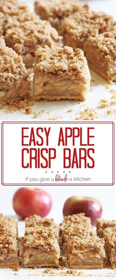 easy apple crisp bars are stacked on top of each other and ready to be eaten