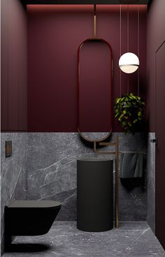 a bathroom with red walls and marble flooring