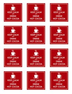 red keep calm hot cocoa labels with coffee cups and names in white on a red background