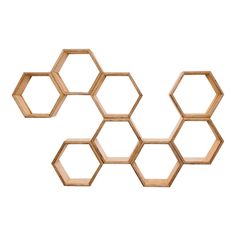 three hexagonal wooden shelves on a white background