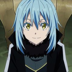 an anime character with blue hair and green eyes looking at the camera while wearing a black outfit