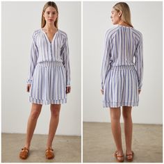 Rails Jasmine Stripe Smocked Waist Long Sleeve Linen Blend Dress Size: M Color: Villa Stripe. (White / Blue) New With Tags. Smocking Defines The Waist In This Breezy Striped Linen-Blend Dress Styled With A Row Of Dainty Buttons And A Fluttery Layered Hem. Collarless Neckline And A Comfortable Smocked Waist. Natural Shell Buttons Tiered Skirt 36" Length (Size Medium) V-Neck Band Collar Long Sleeves With Button Cuffs Partially Lined 55% Linen, 45% Rayon Hand Wash, Line Dry Imported True To Size. X Casual Mini Dress With Smocked Cuffs For Spring, Casual Spring Mini Dress With Smocked Cuffs, Mini Dresses With Smocked Cuffs For Daywear, Summer Mini Dress With Smocked Cuffs For Daywear, Casual Long Sleeve Midi Dress With Gathered Waist, Casual Long Sleeve Smocked Dress For Brunch, Casual Long Sleeve Dress With Gathered Waist, Casual Long Sleeve Smocked Dress With Elastic Waistband, Casual Long Sleeve Smocked Dress For Day Out