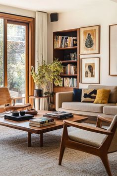 a living room filled with lots of furniture next to a large window covered in books