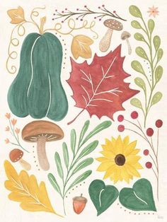 an illustration of autumn leaves, mushrooms and acorns