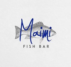 the mami fish bar logo on a white card with blue ink and watercolor lettering