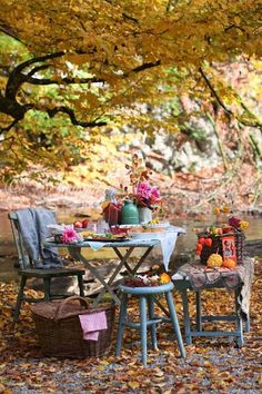 an outdoor table and chairs with flowers on them in the fall leaves under a tree