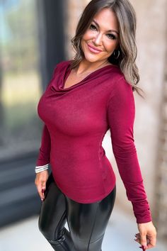 Show off your playful side in our Burgundy Cowl Long Sleeve Top. Made of sassy, slinky jersey fabric, this stretchy top is both comfortable and stylish. Perfect for adding a unique touch to any outfit! Alexis is wearing her true size medium and would stay true to size in this. We recommend following the size chart below for the best fit: S= 2-6 M= 8-10 L= 12-14 XL= 16-18 Tank Romper, Stretchy Tops, New Arrival Dress, Jersey Fabric, Sweater Top, Clothing And Shoes, Jumpsuit Romper, Long Sleeve Tops, Rompers