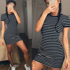 This casual but cute striped tee dress is sure to be a new fave in your wardrobe. Featuring an o-neck short sleeves and a fitted form. This dress pairs perfectly with wedges, sandals or even your tennis shoes. Made with a polyester and spandex blend for comfort and style. Striped Dresses, Short Sleeve Bodycon Dress, Spandex Dress, Dress Black And White, Baggy Pants, Long Sleeve Short Dress, Casual Stripes, Vestido Casual, Oliver Peoples