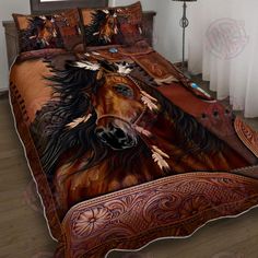 a bed with a horse on it in a room