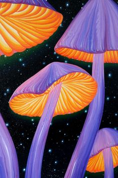 the painting shows purple and orange mushrooms in space