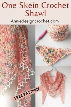 the crochet shawl is shown with text that reads, one skein croche