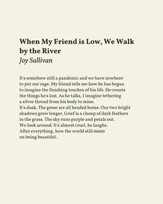 a book cover with the title written in black and white, which reads when my friend is low, we walk by the river