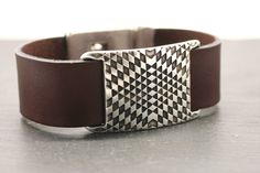 "Very cool psychedelic inspired leather bracelet. The split slider has a beautiful motif of simple design and powerful elegance. Great magnetic buckle clasp. For men or women. Available in black, brown, tan or dark green. ∆ return to shop all items: http://www.etsy.com/shop/amyfine ∆ ask me anything you like here: http://www.etsy.com/convo_new.php?to_username=amyfine ∆ \"OMG I got my jewelry last night and it's AMAZING. I love it so much. I am wearing one bracelet today. It is super awesome. I c Silver Clay, Bangle Silver, Leather Bangle, Bracelet Mens, Bracelet Leather, Unusual Jewelry, Leather Bracelets, Pink Jewelry, Statement Bracelet