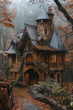 an old stone house in the woods on a rainy day