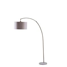 a floor lamp with a white shade on the base and a grey fabric shade on the top