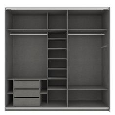 an open closet with drawers and shelves on the bottom shelf, in grey color isolated on white background