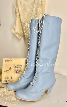 Leather High Heel Boots For Wedding, Leather High Heel Wedding Boots, Boots Victorian, Blue Leather Boots, Victorian Boots, Bridal Boots, Womens Booties, Victorian Wedding, Booties Ankle Boots