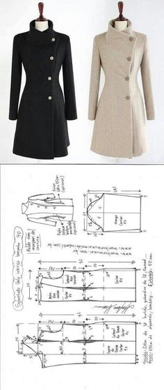 two different types of coats on mannequins with measurements and instructions for each coat