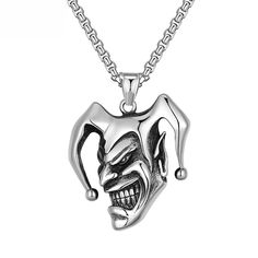 PRICES MAY VARY. DESIGN --- Mens joker skull necklace, the design of the two horns on the head is even more unique. Wearing this punk joker necklace will add a touch of charm to your Halloween costume, show your personality, let you attract more people's attention in the crowd, and get Good reviews from most people. SIZE --- The length of the vintage joker necklace is 23.6inch (60cm), and the pendant is 1.53* 1.49inch (39.1*38mm). The whole is well-made, the long chain is sturdy and durable, and Alternative Halloween Gift Necklaces, Alternative Necklaces For Halloween Gifts, Emo Streetwear Jewelry For Halloween, Gothic Jewelry For Biker Events And Halloween, Clown Demon, Joker Necklace, Edgy Anime, Evil Clown, Steel Accessories