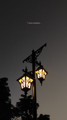 two street lights are lit up in the night sky with trees behind them and a quote written above it