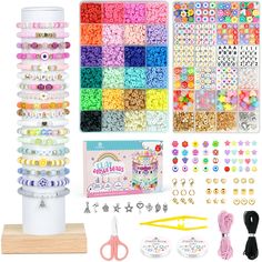 the kit includes many different types of beads, bracelets and other crafting supplies