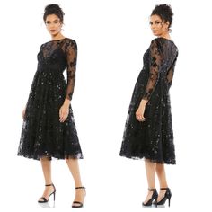 Mac Duggal Floral Embellished Illusion Cocktail Dress Black Size 6 Nwt This Dual-Layer Dress Starts With A Sleek Slip And Gets Topped With The Magic Of Sequin-Embellished Mesh. The Beautiful Dress Showcases A Sheer Yoke And Bracelet Sleeves, A Natural Waist, And An A-Line Skirt That Falls Just Past The Knee. Let It Light Up A Nighttime Party. Mac Duggal Embellished Mesh (100% Polyester) Partially Lined Bodice; Fully Lined Through Skirt Concealed Back Zipper V-Neckline Sheer Long Sleeves Tea Leng Sequined Evening Cocktail Mother Of The Bride Dress, Evening Cocktail Sequin Mother Of The Bride Dress, Glamorous Cocktail Dress With Illusion Neckline, Glamorous Cocktail Evening Dress With Illusion Neckline, Evening Lace Mother Of The Bride Dress With Sequins, Embellished Lace Mother Of The Bride Dress For Party, Embellished Lace Evening Dress For Party Season, Black Embellished Mother Of The Bride Dress For Party, Glamorous Embellished Lace Mother Of The Bride Dress